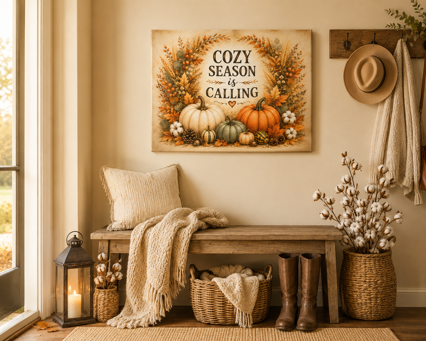 Cozy Season Is Calling Canvas Wall Art — Fall Pumpkin Wreath Autumn Decor