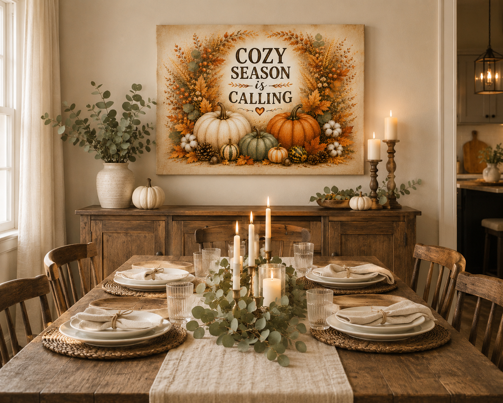 Cozy Season Is Calling Canvas Wall Art — Fall Pumpkin Wreath Autumn Decor