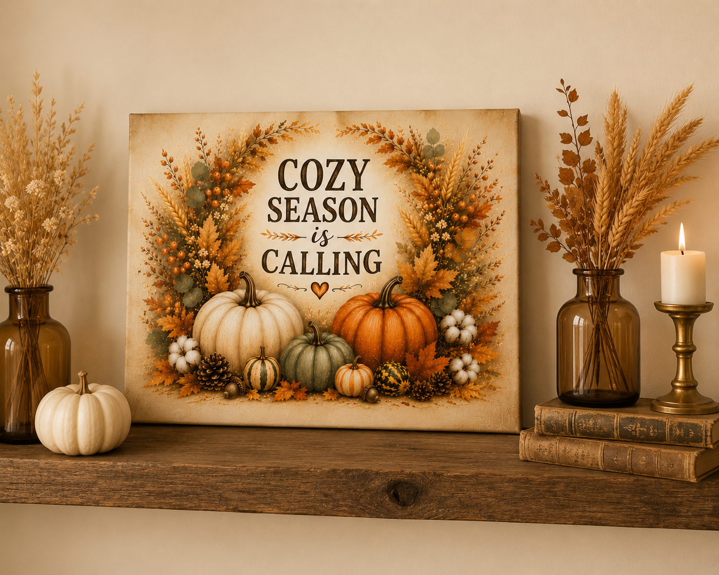 Cozy Season Is Calling Canvas Wall Art — Fall Pumpkin Wreath Autumn Decor