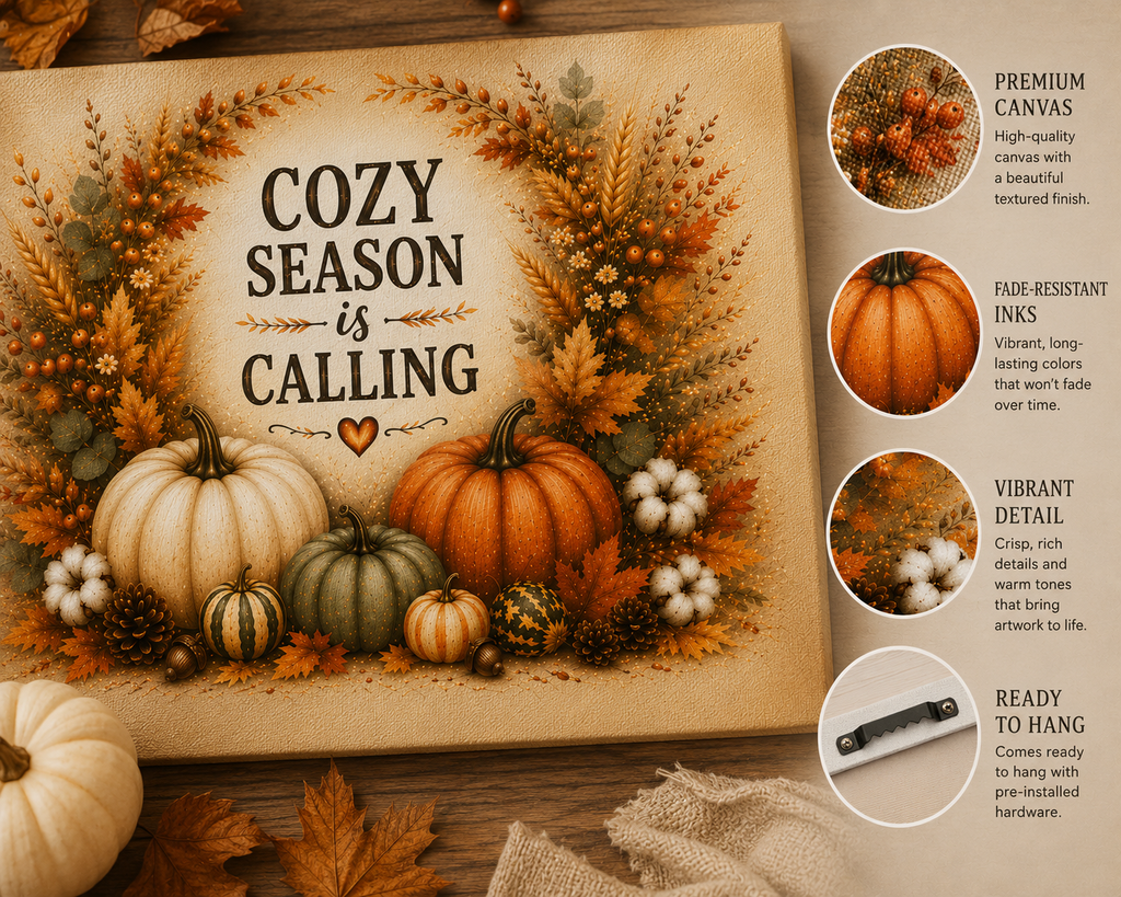 Cozy Season Is Calling Canvas Wall Art — Fall Pumpkin Wreath Autumn Decor