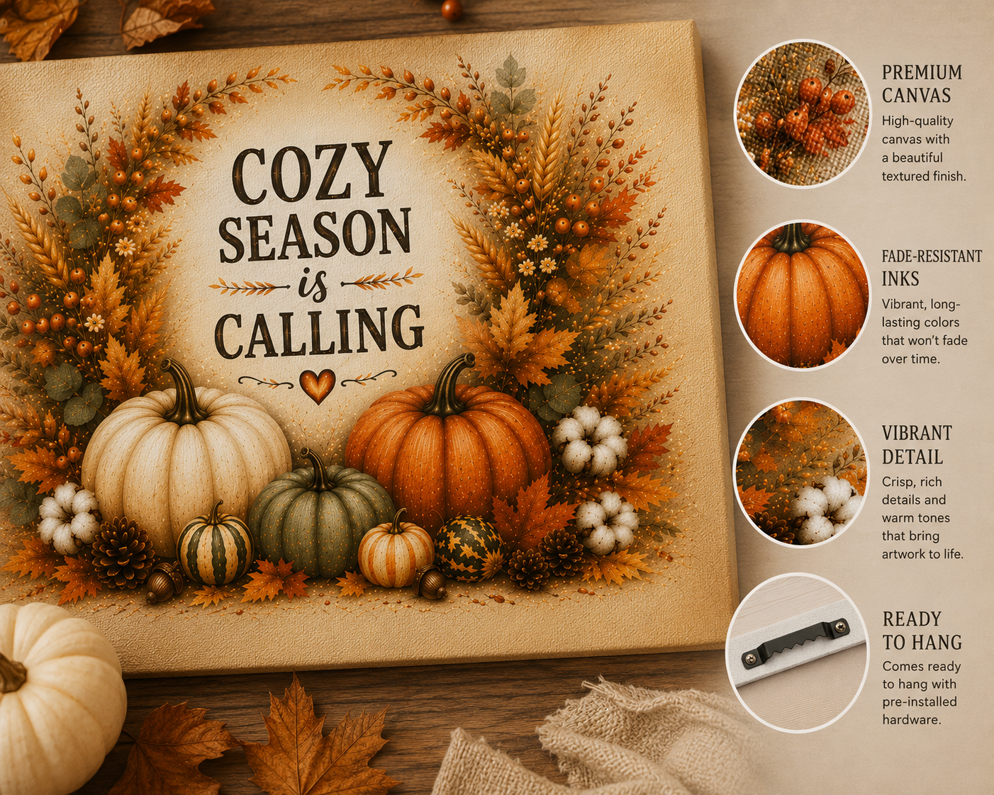 Cozy Season Is Calling Canvas Wall Art — Fall Pumpkin Wreath Autumn Decor