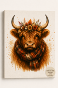 Autumn Highland Cow Canvas Wall Art — Plaid Scarf & Floral Crown Matte Stretched Canvas