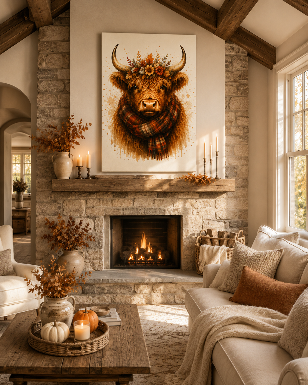 Autumn Highland Cow Canvas Wall Art — Plaid Scarf & Floral Crown Matte Stretched Canvas
