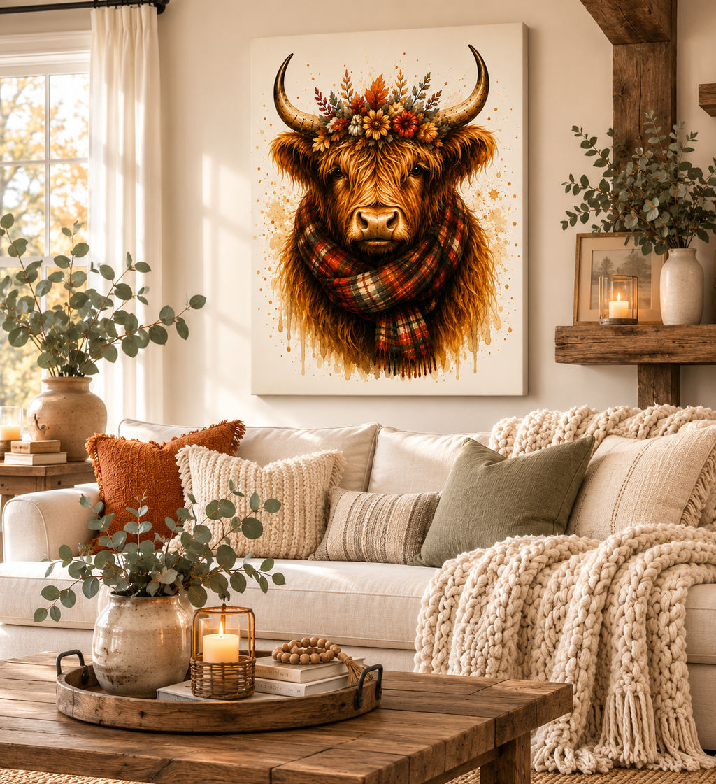 Autumn Highland Cow Canvas Wall Art — Plaid Scarf & Floral Crown Matte Stretched Canvas