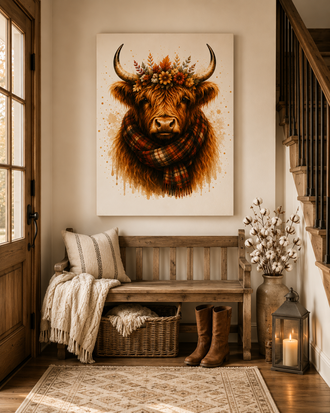 Autumn Highland Cow Canvas Wall Art — Plaid Scarf & Floral Crown Matte Stretched Canvas