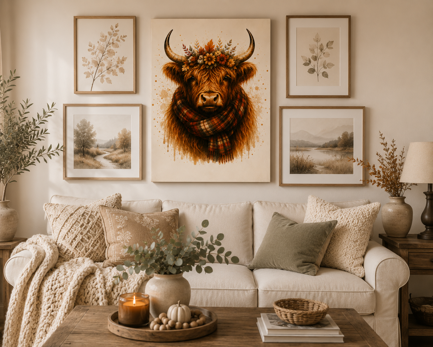 Autumn Highland Cow Canvas Wall Art — Plaid Scarf & Floral Crown Matte Stretched Canvas
