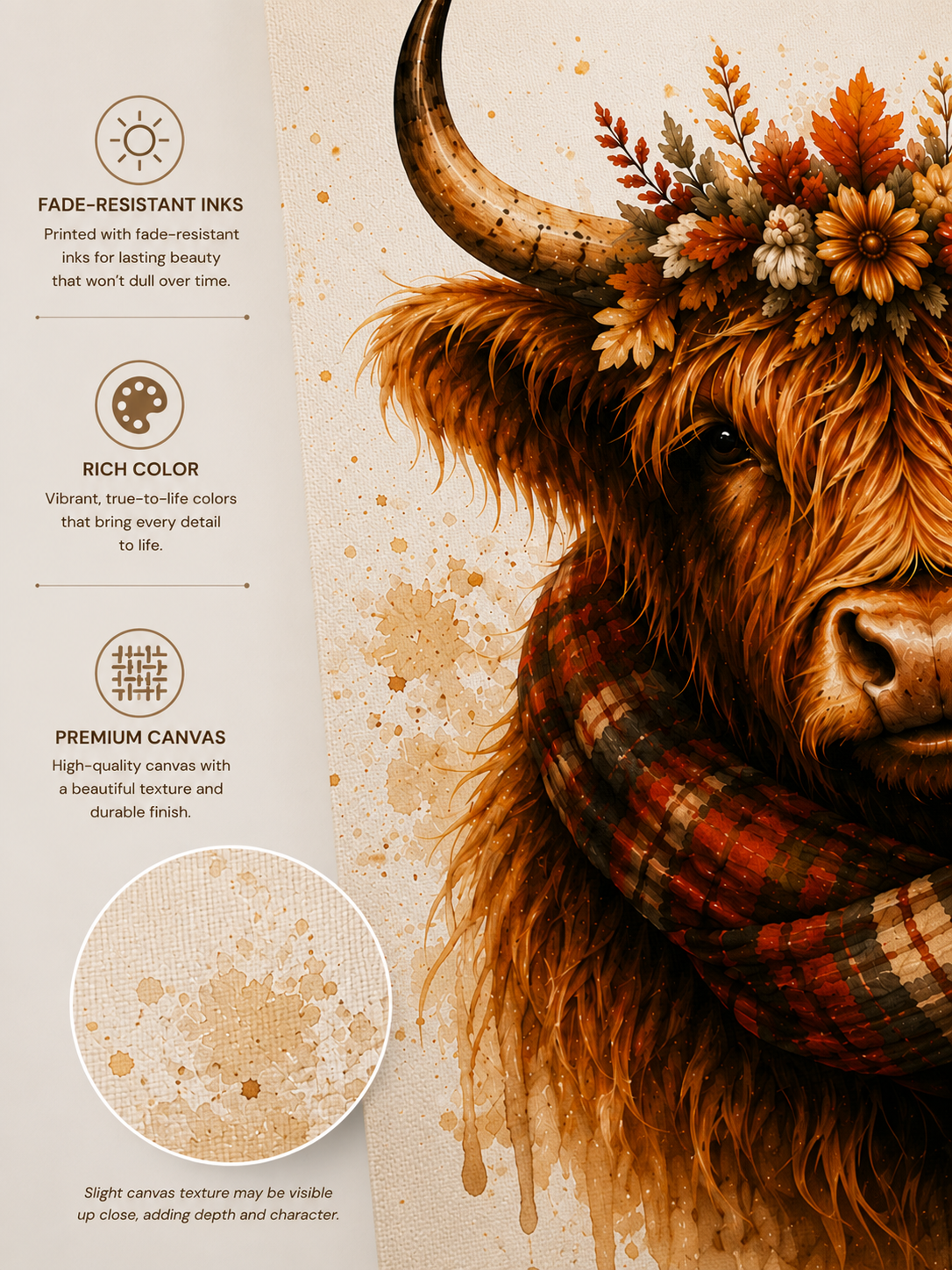 Autumn Highland Cow Canvas Wall Art — Plaid Scarf & Floral Crown Matte Stretched Canvas