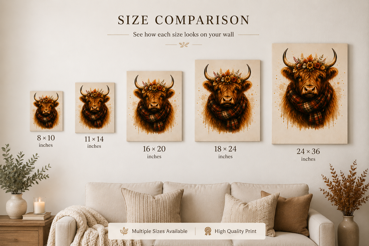 Autumn Highland Cow Canvas Wall Art — Plaid Scarf & Floral Crown Matte Stretched Canvas