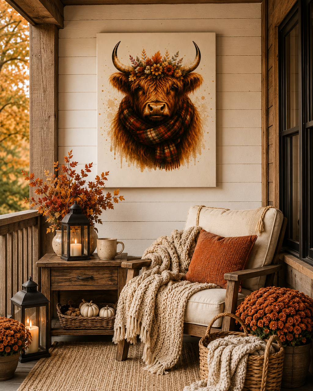 Autumn Highland Cow Canvas Wall Art — Plaid Scarf & Floral Crown Matte Stretched Canvas