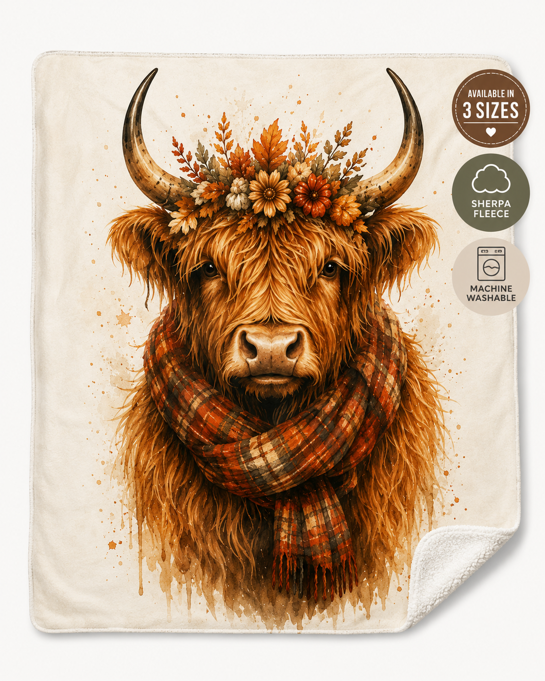 Highland Cow Sherpa Blanket — Autumn Floral Plaid Cozy Throw