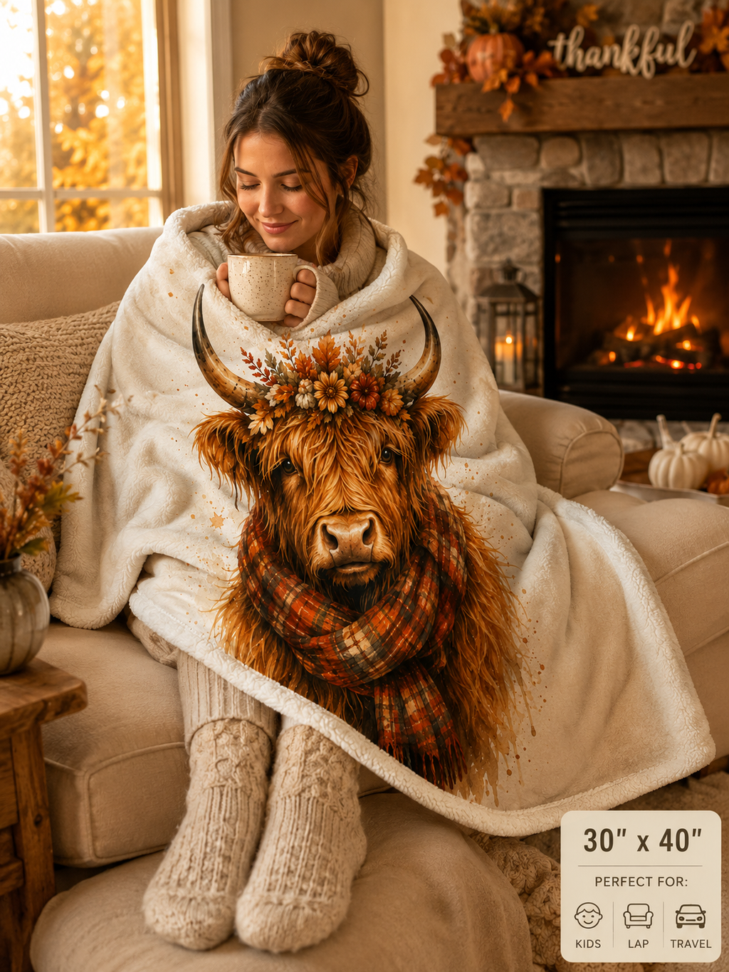 Highland Cow Sherpa Blanket — Autumn Floral Plaid Cozy Throw