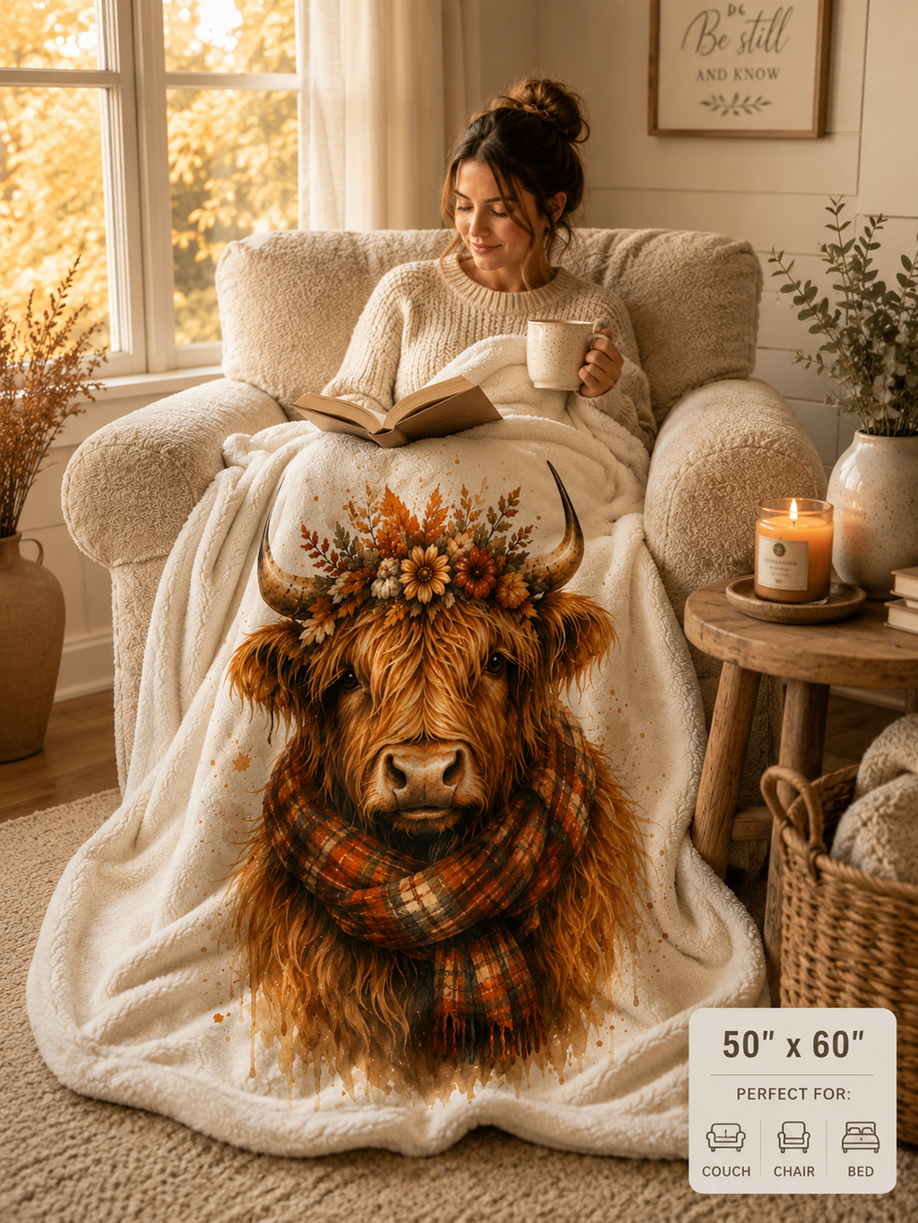 Highland Cow Sherpa Blanket — Autumn Floral Plaid Cozy Throw
