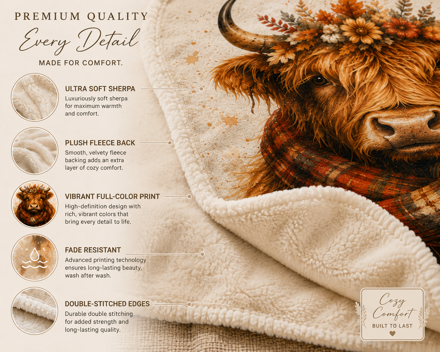 Highland Cow Sherpa Blanket — Autumn Floral Plaid Cozy Throw