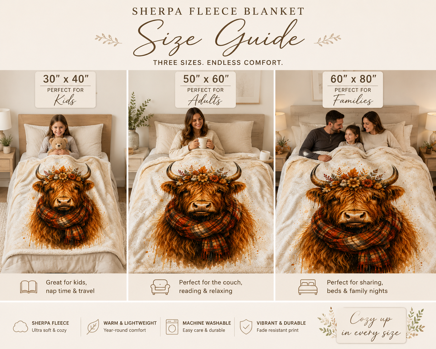 Highland Cow Sherpa Blanket — Autumn Floral Plaid Cozy Throw