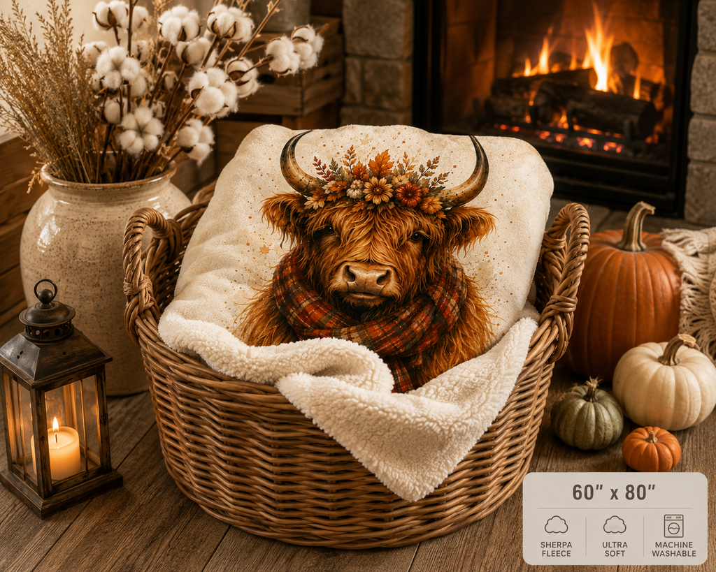 Highland Cow Sherpa Blanket — Autumn Floral Plaid Cozy Throw
