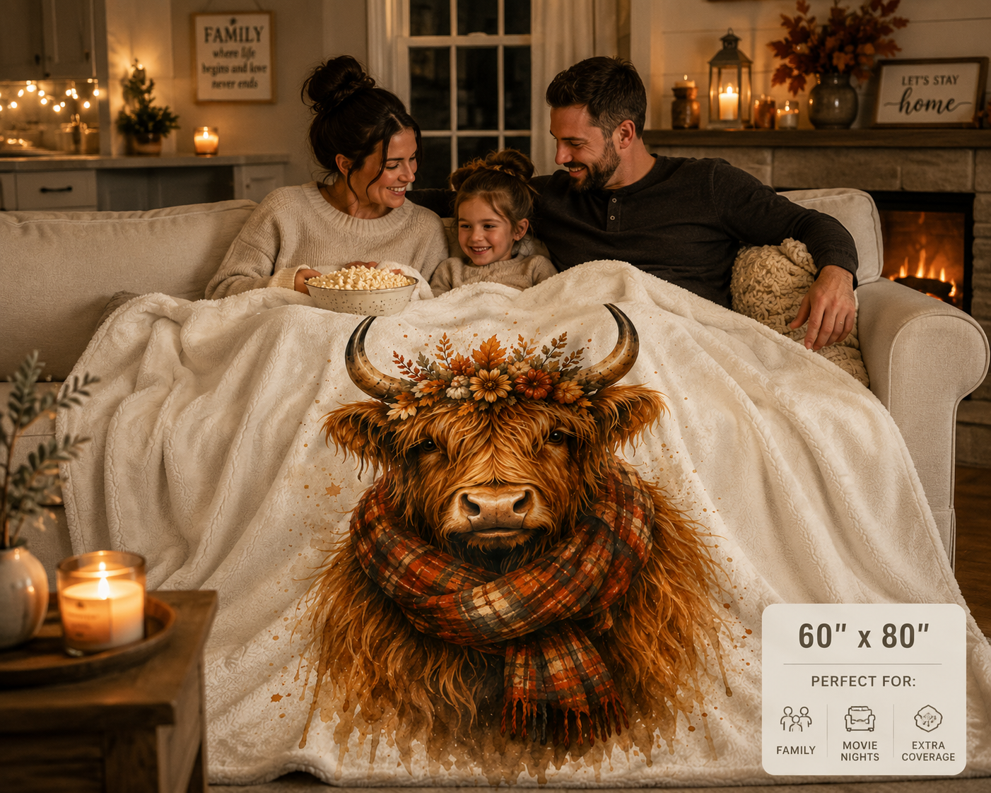 Highland Cow Sherpa Blanket — Autumn Floral Plaid Cozy Throw