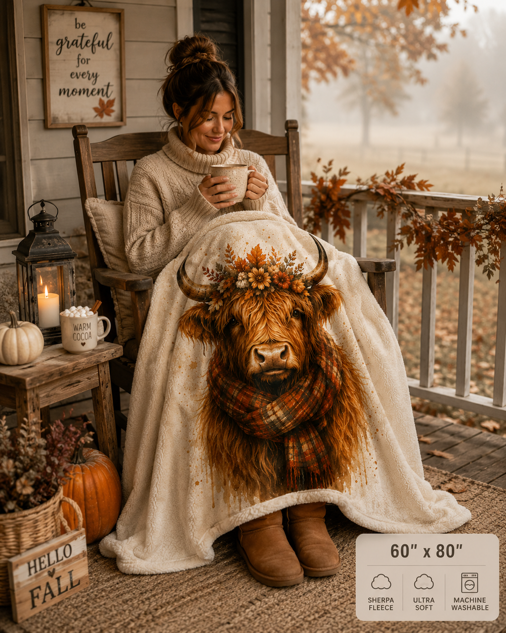 Highland Cow Sherpa Blanket — Autumn Floral Plaid Cozy Throw