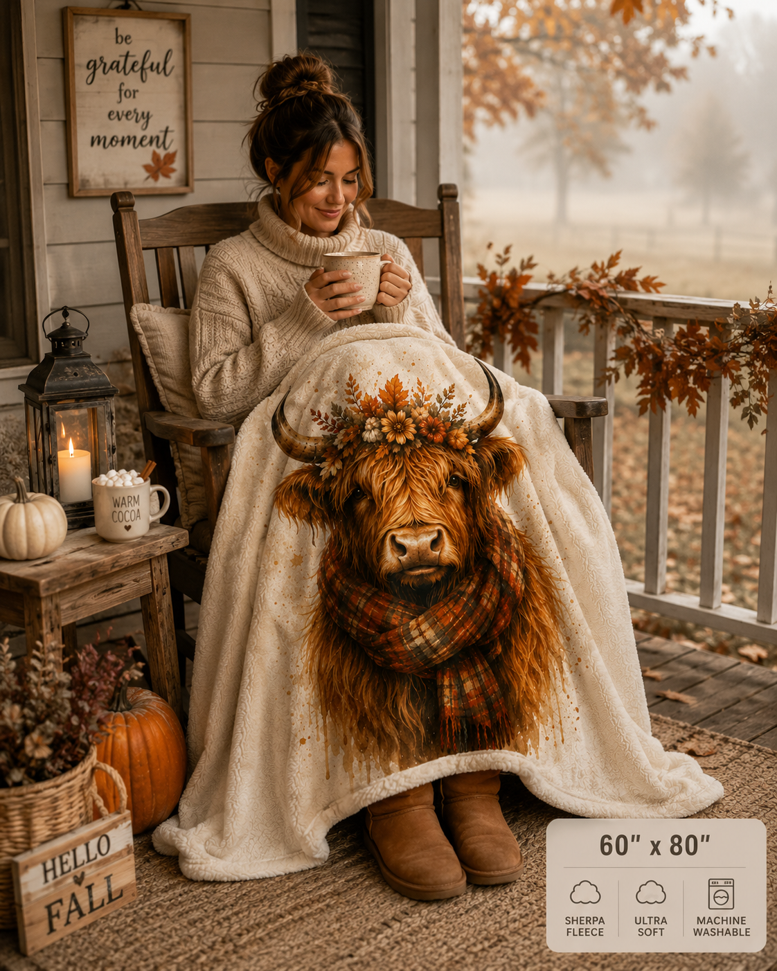 Highland Cow Sherpa Blanket — Autumn Floral Plaid Cozy Throw