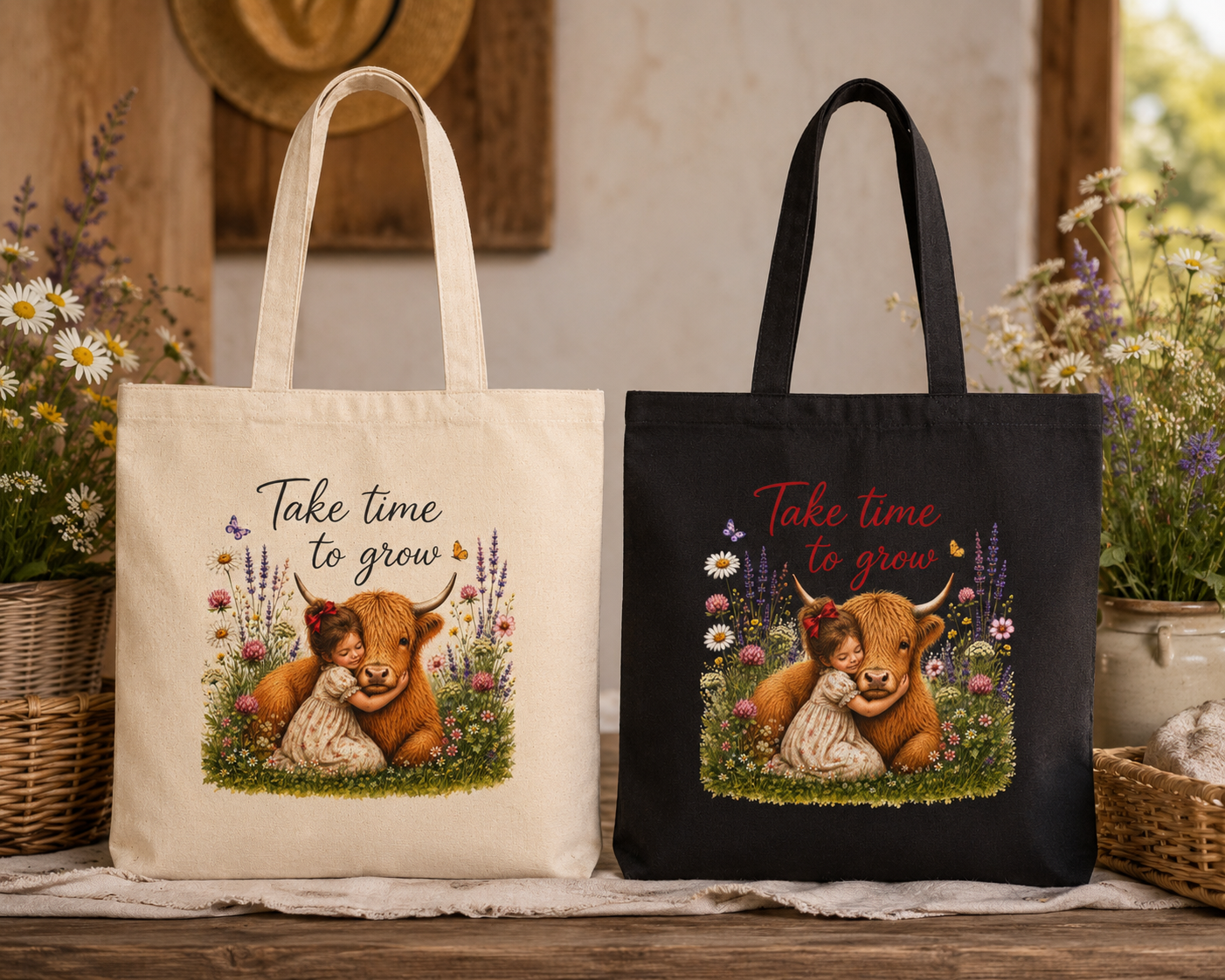 Take Time to Grow Canvas Tote — Cute Highland Cow & Girl Grocery Bag