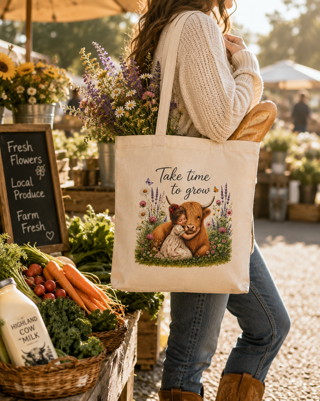 Take Time to Grow Canvas Tote — Cute Highland Cow & Girl Grocery Bag
