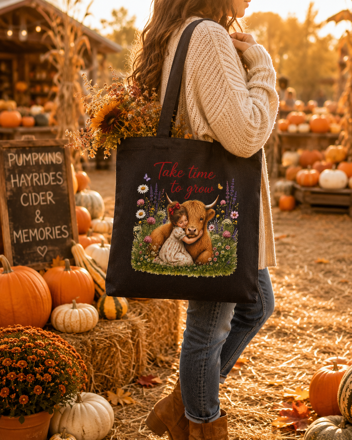 Take Time to Grow Canvas Tote — Cute Highland Cow & Girl Grocery Bag