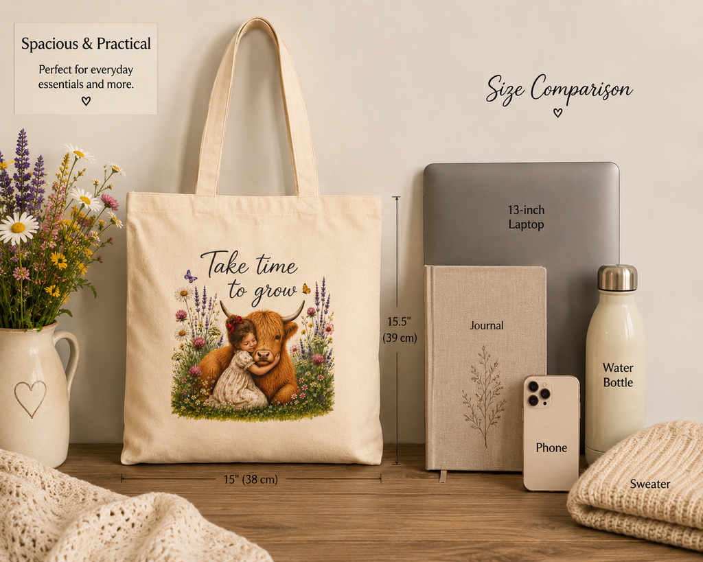 Take Time to Grow Canvas Tote — Cute Highland Cow & Girl Grocery Bag