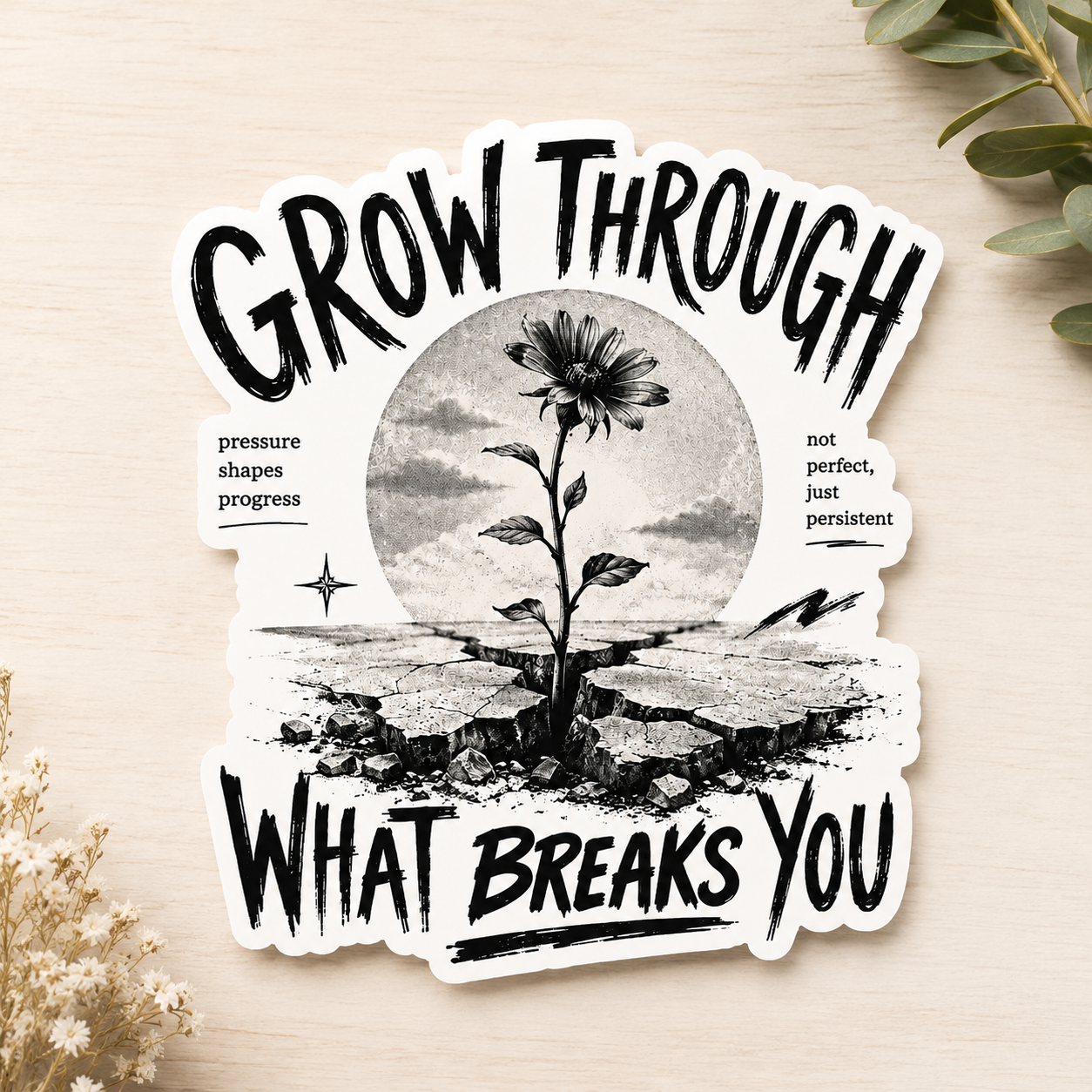 Sticker — "Grow Through What Breaks You" Inspirational Botanical Sticker