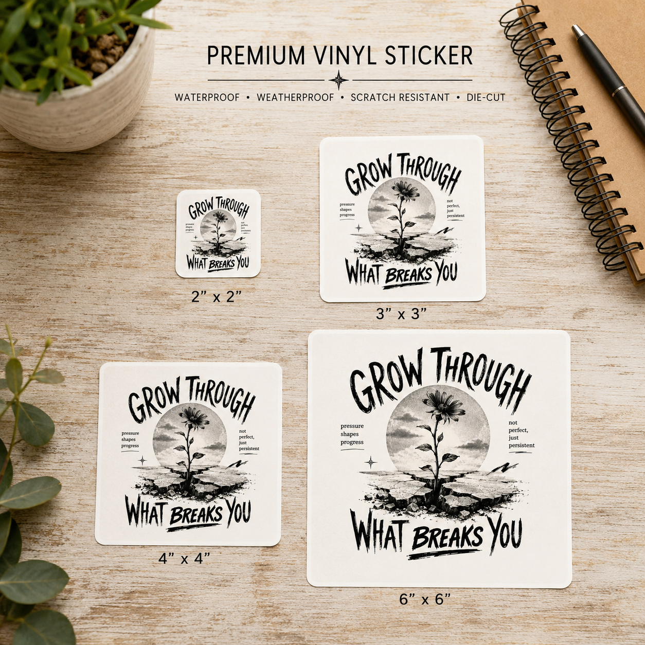 Sticker — "Grow Through What Breaks You" Inspirational Botanical Sticker