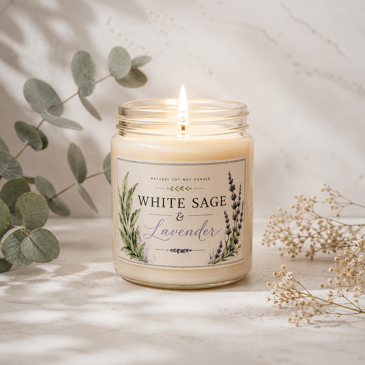 White Sage & Lavender Soy Candle — 9oz Scented Jar for Relaxation, Stress Relief, and Home Aromatherapy