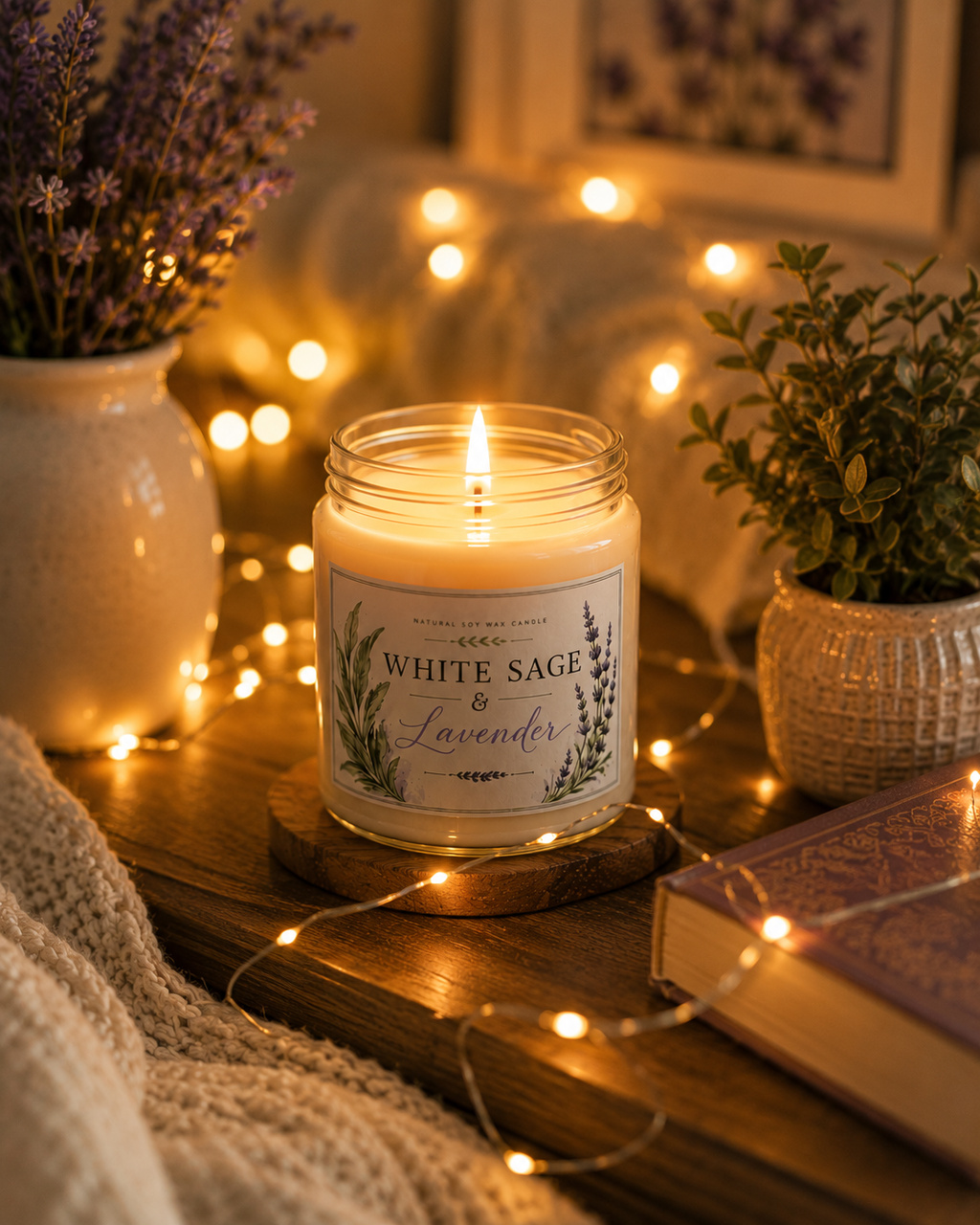 White Sage & Lavender Soy Candle — 9oz Scented Jar for Relaxation, Stress Relief, and Home Aromatherapy