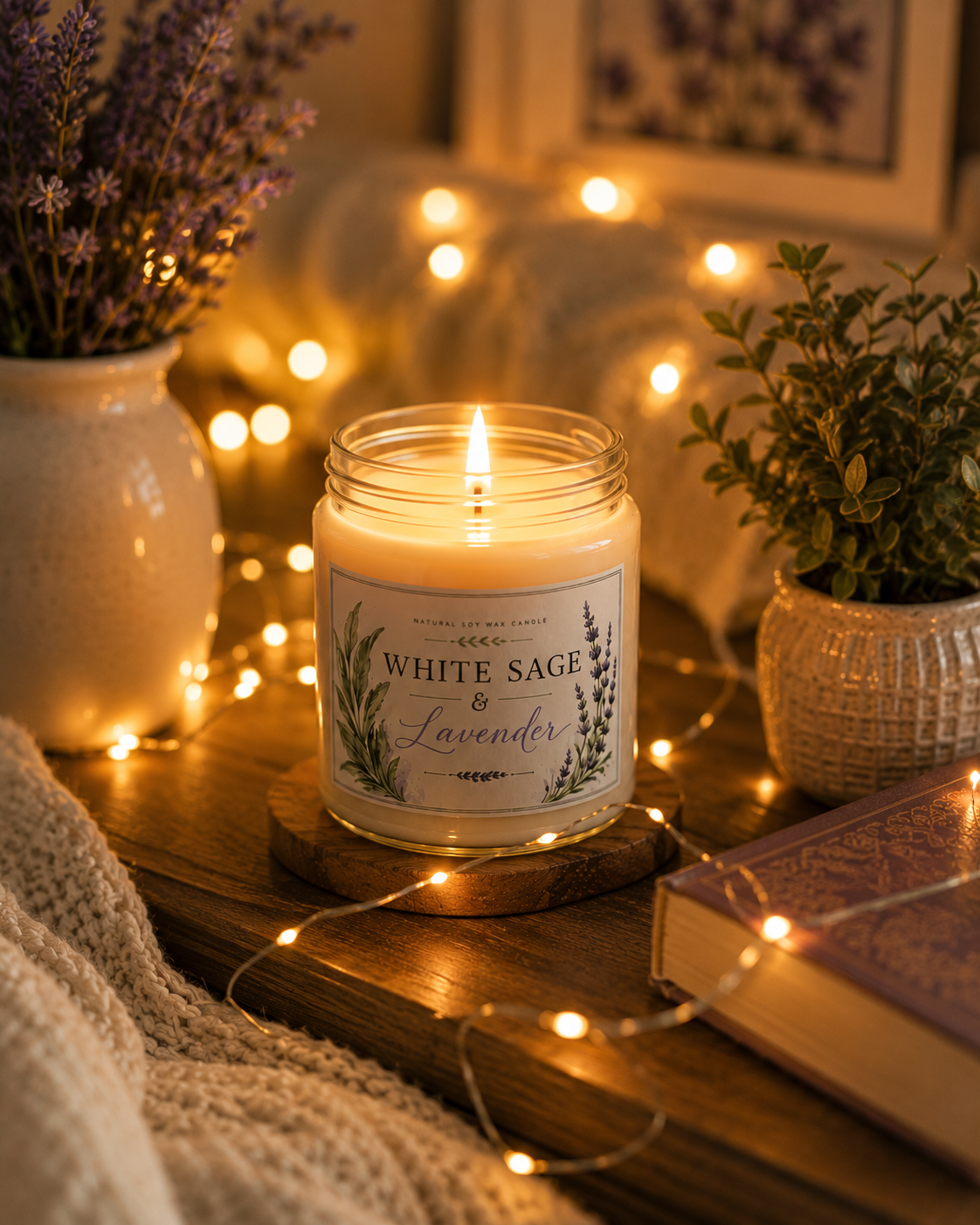 White Sage & Lavender Soy Candle — 9oz Scented Jar for Relaxation, Stress Relief, and Home Aromatherapy