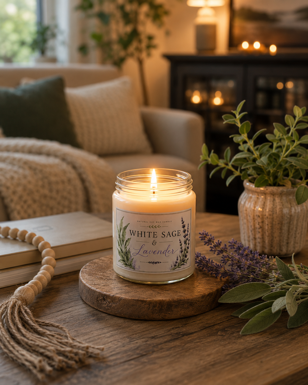 White Sage & Lavender Soy Candle — 9oz Scented Jar for Relaxation, Stress Relief, and Home Aromatherapy