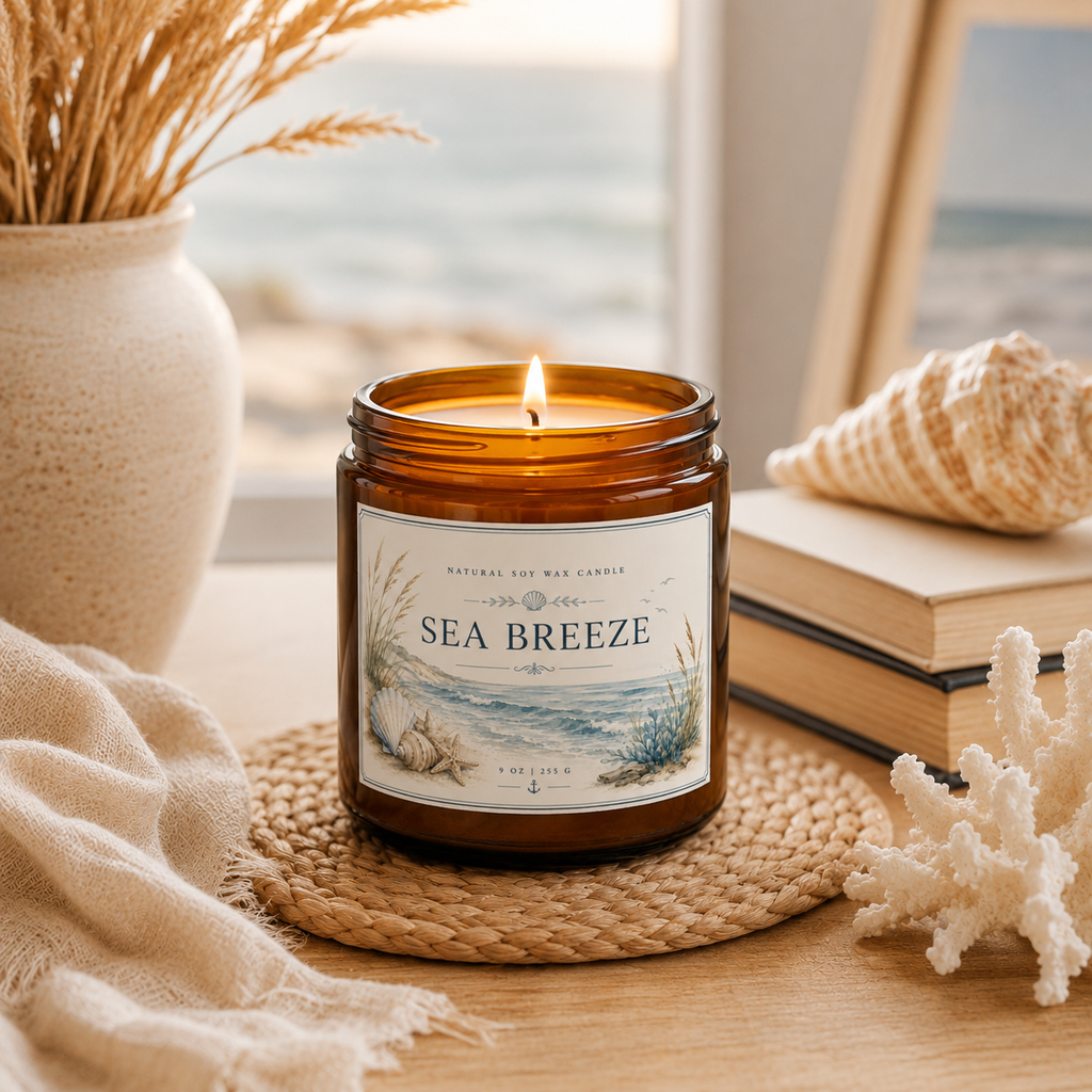 Sea Breeze Soy Candle — Scented Amber Jar with Black Lid (4oz & 9oz)
