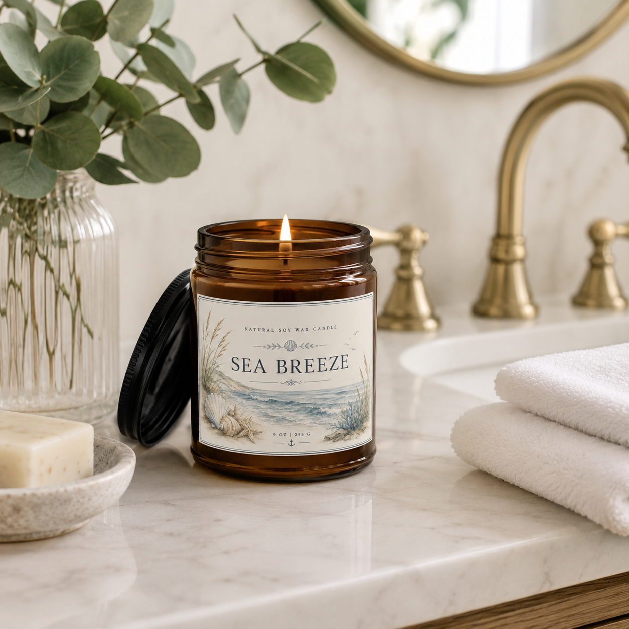 Sea Breeze Soy Candle — Scented Amber Jar with Black Lid (4oz & 9oz)