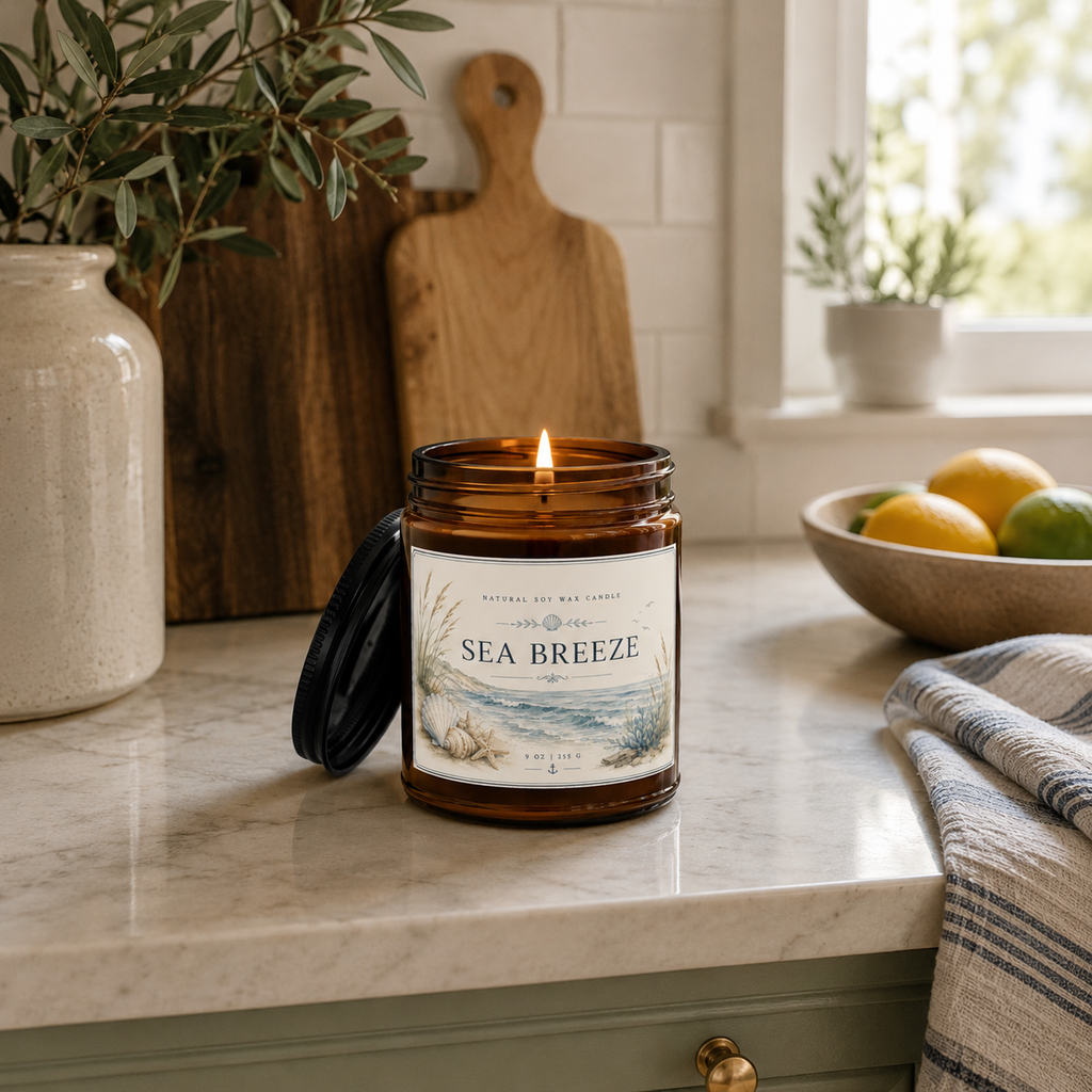 Sea Breeze Soy Candle — Scented Amber Jar with Black Lid (4oz & 9oz)