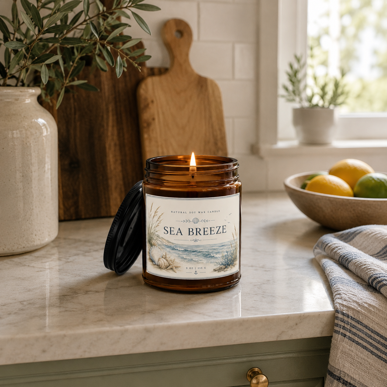 Sea Breeze Soy Candle — Scented Amber Jar with Black Lid (4oz & 9oz)