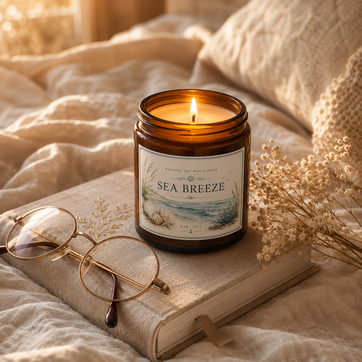 Sea Breeze Soy Candle — Scented Amber Jar with Black Lid (4oz & 9oz)