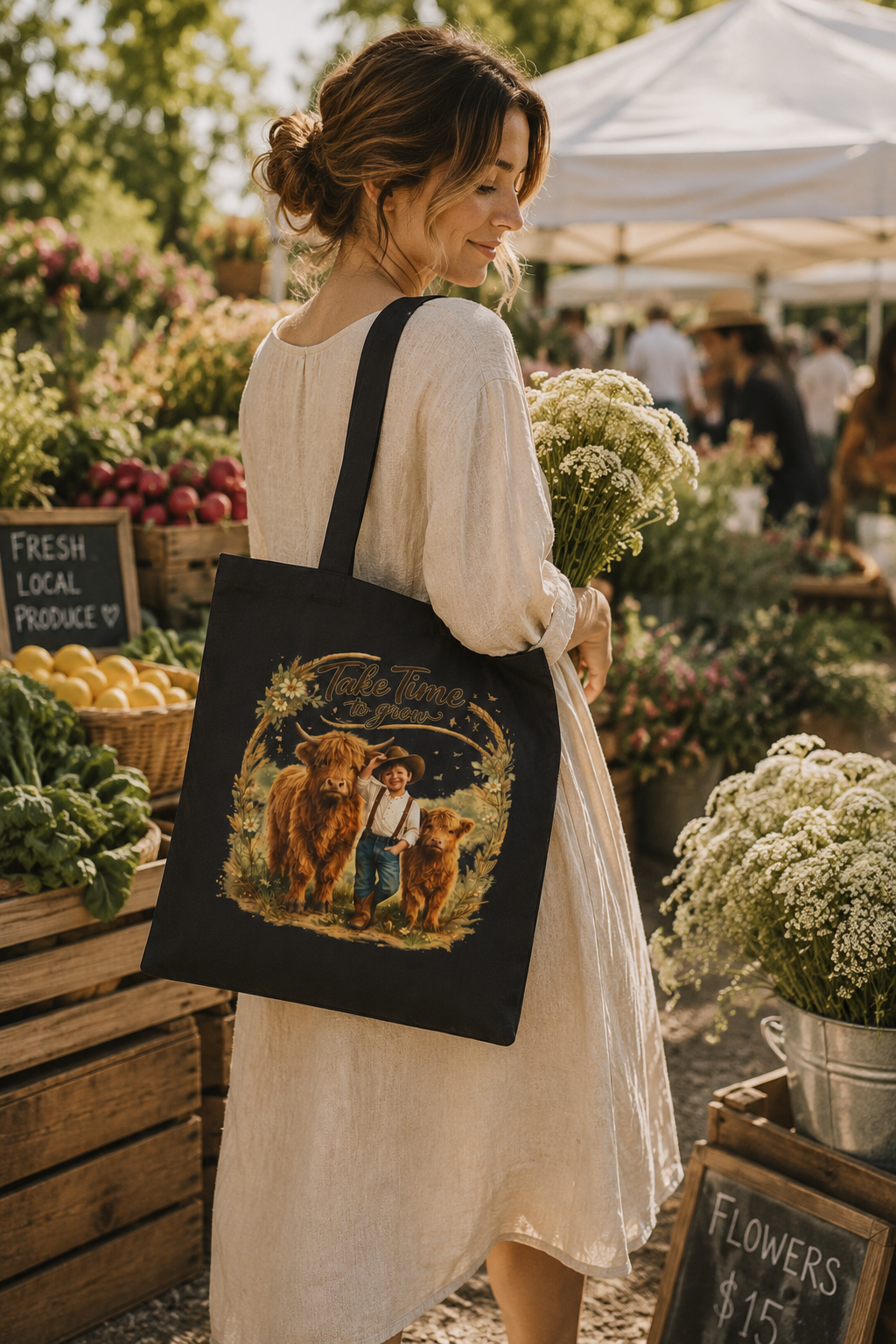 Take Time to Grow Tote Bag — Vintage Farm Cowgirl Canvas Tote