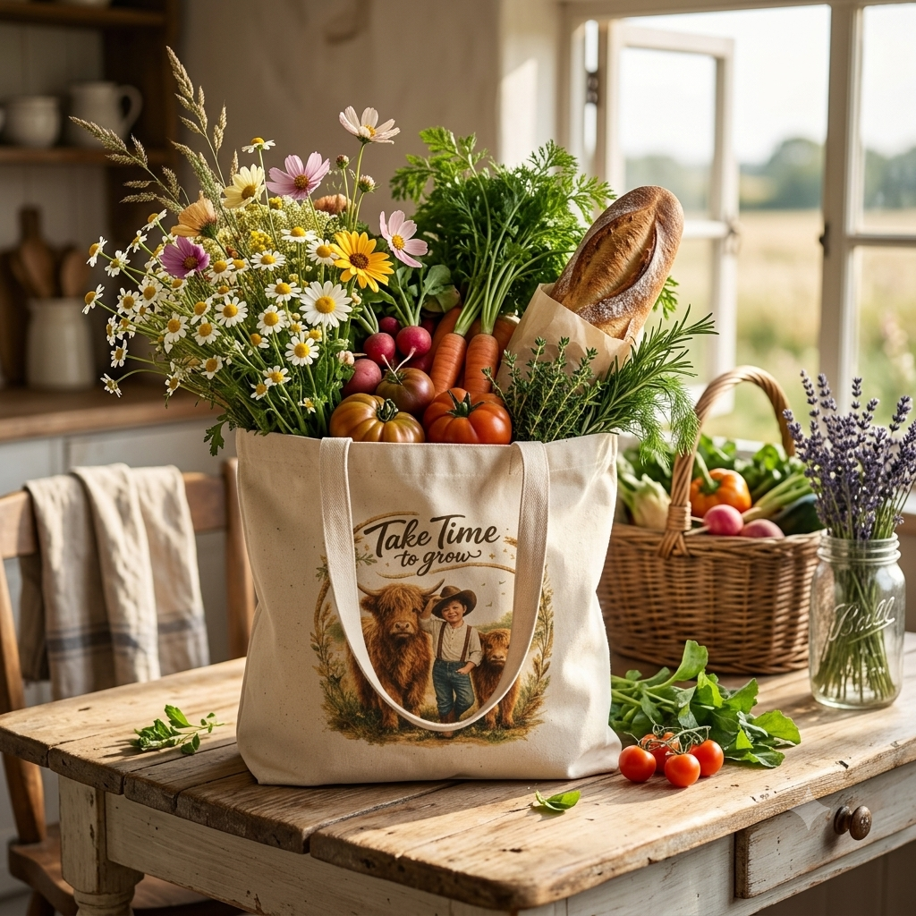 Take Time to Grow Tote Bag — Vintage Farm Cowgirl Canvas Tote