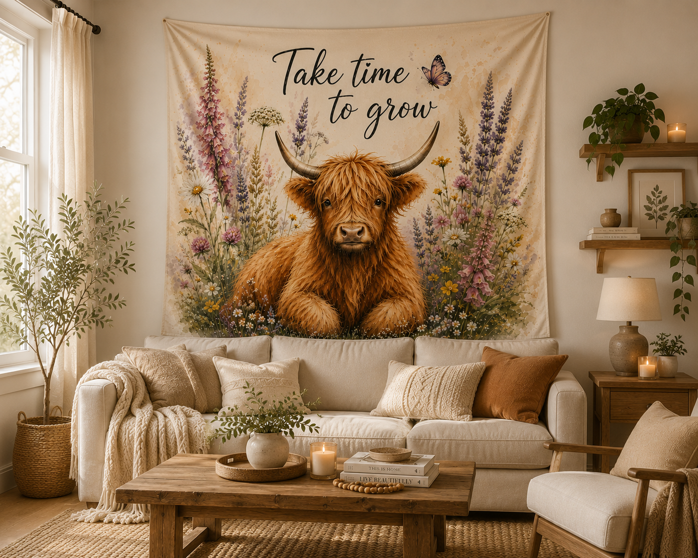 Take Time To Grow Highland Cow tapestry | Indoor Wall Tapestry
