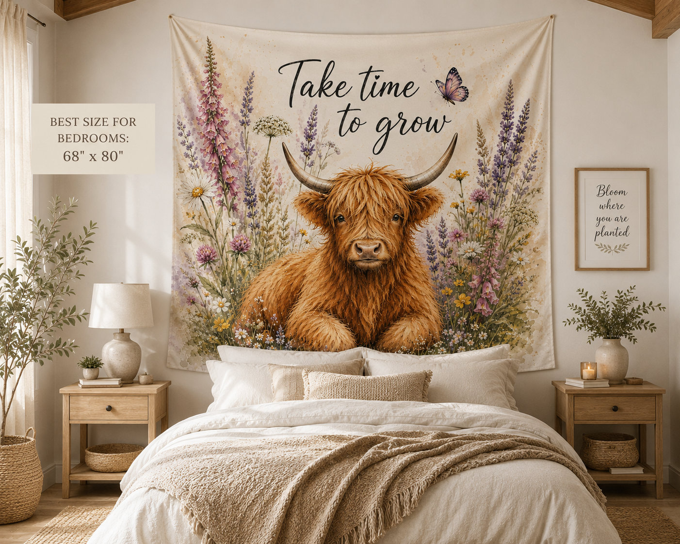 Take Time To Grow Highland Cow tapestry | Indoor Wall Tapestry