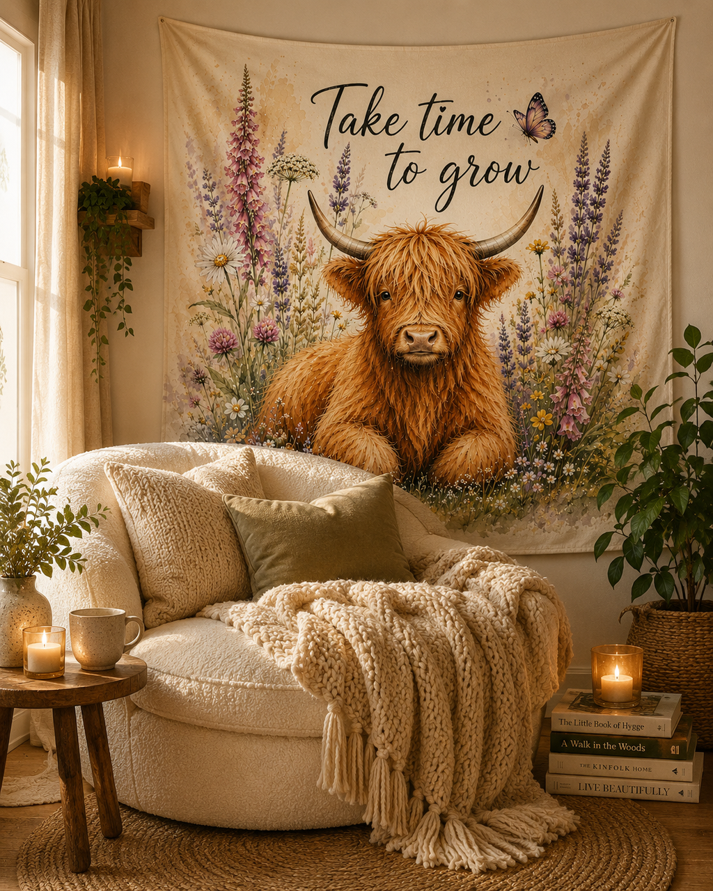 Take Time To Grow Highland Cow tapestry | Indoor Wall Tapestry
