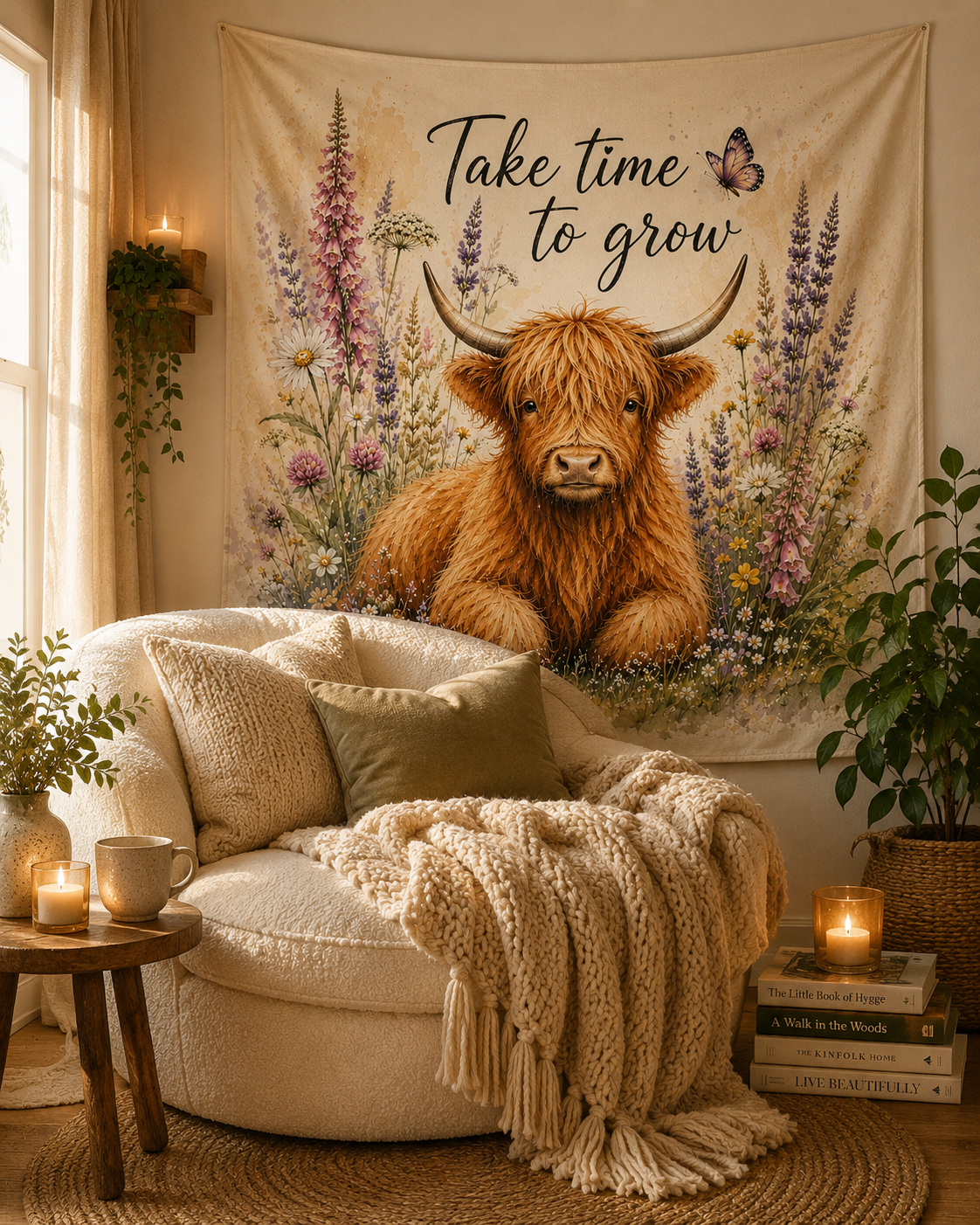 Take Time To Grow Highland Cow tapestry | Indoor Wall Tapestry