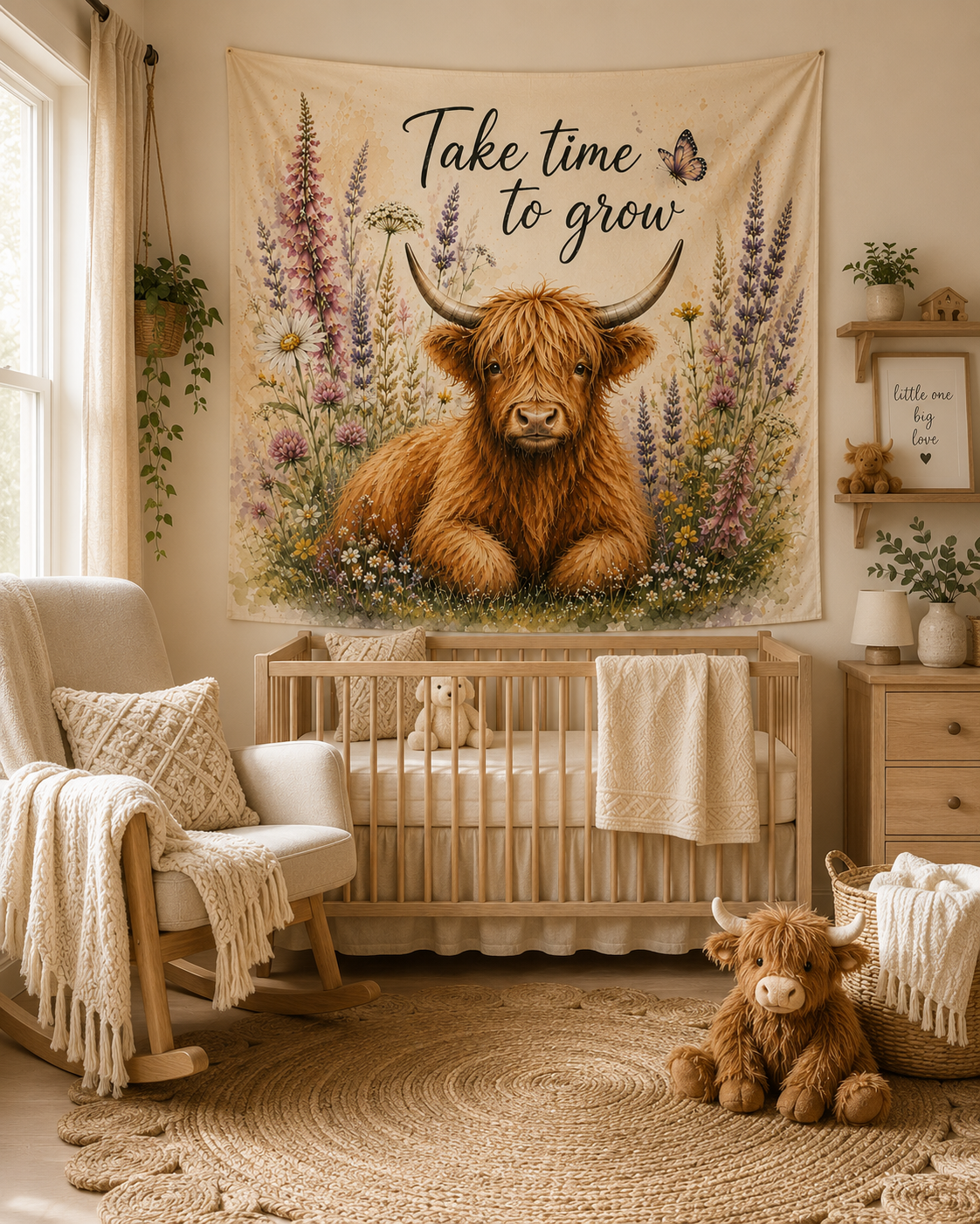 Take Time To Grow Highland Cow tapestry | Indoor Wall Tapestry