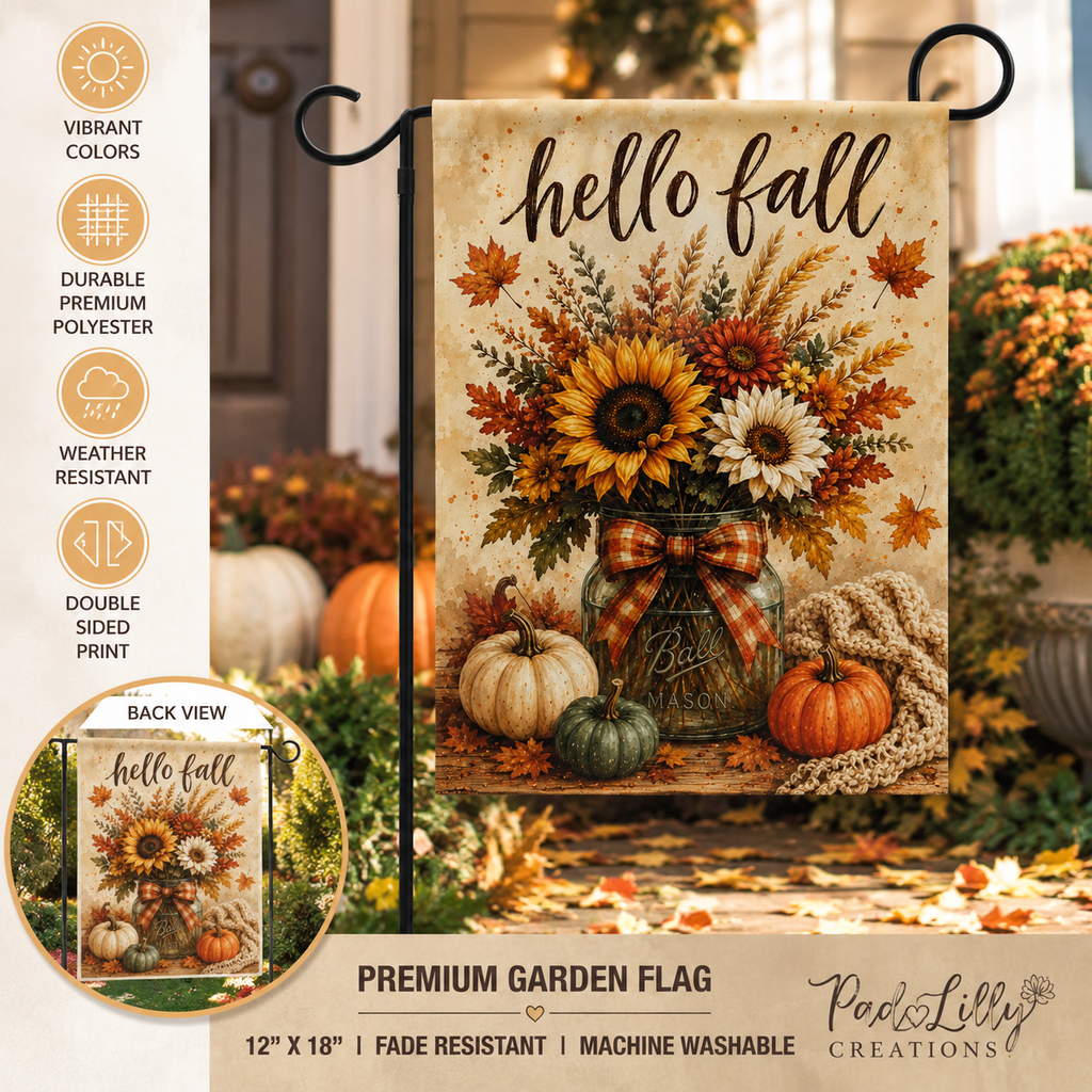 Hello Fall Sunflower Pumpkin Garden Banner | Autumn Porch Flag