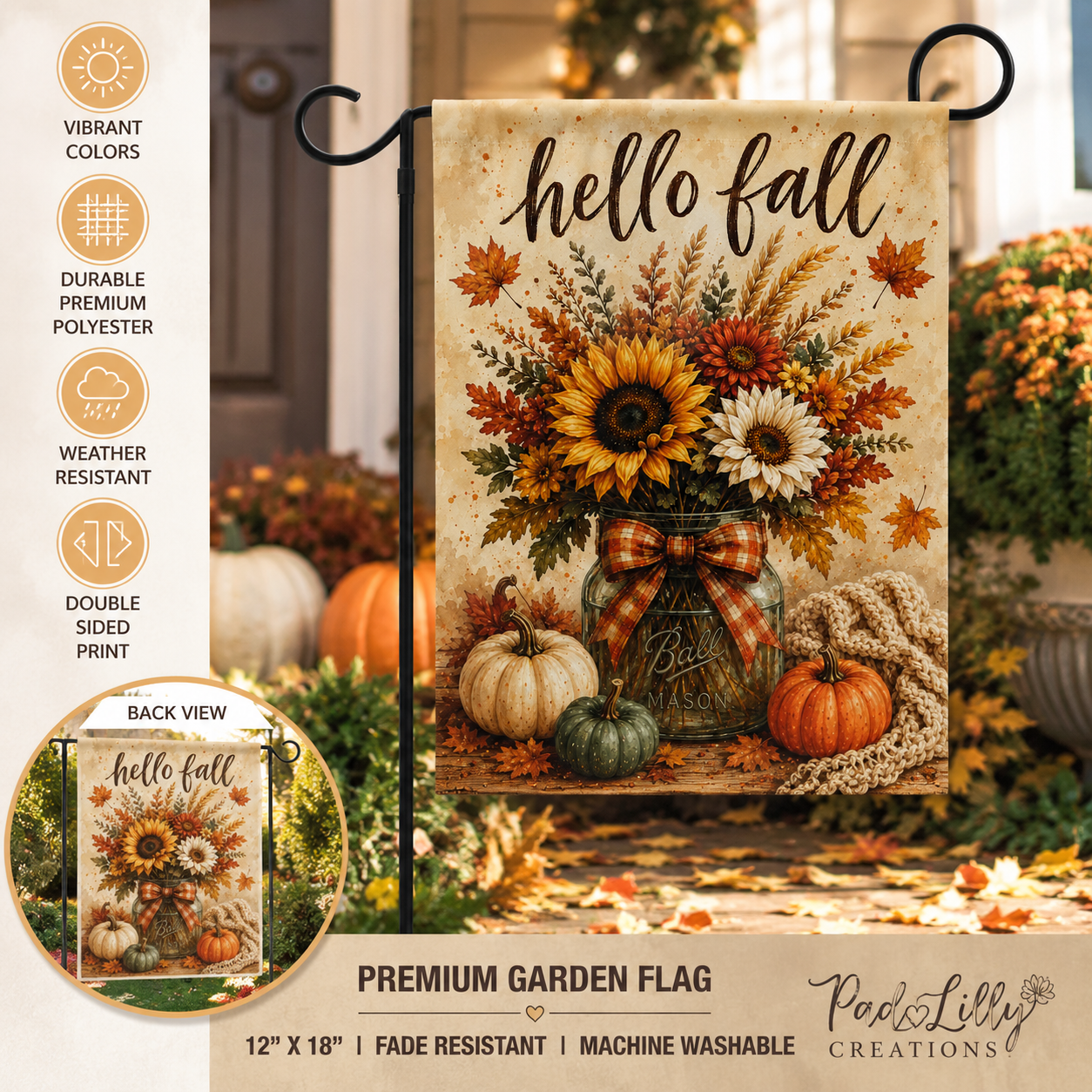 Hello Fall Sunflower Pumpkin Garden Banner | Autumn Porch Flag
