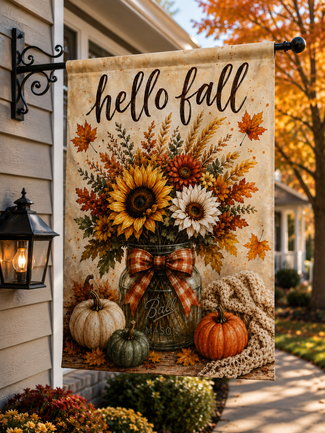 Hello Fall Sunflower Pumpkin Garden Banner | Autumn Porch Flag
