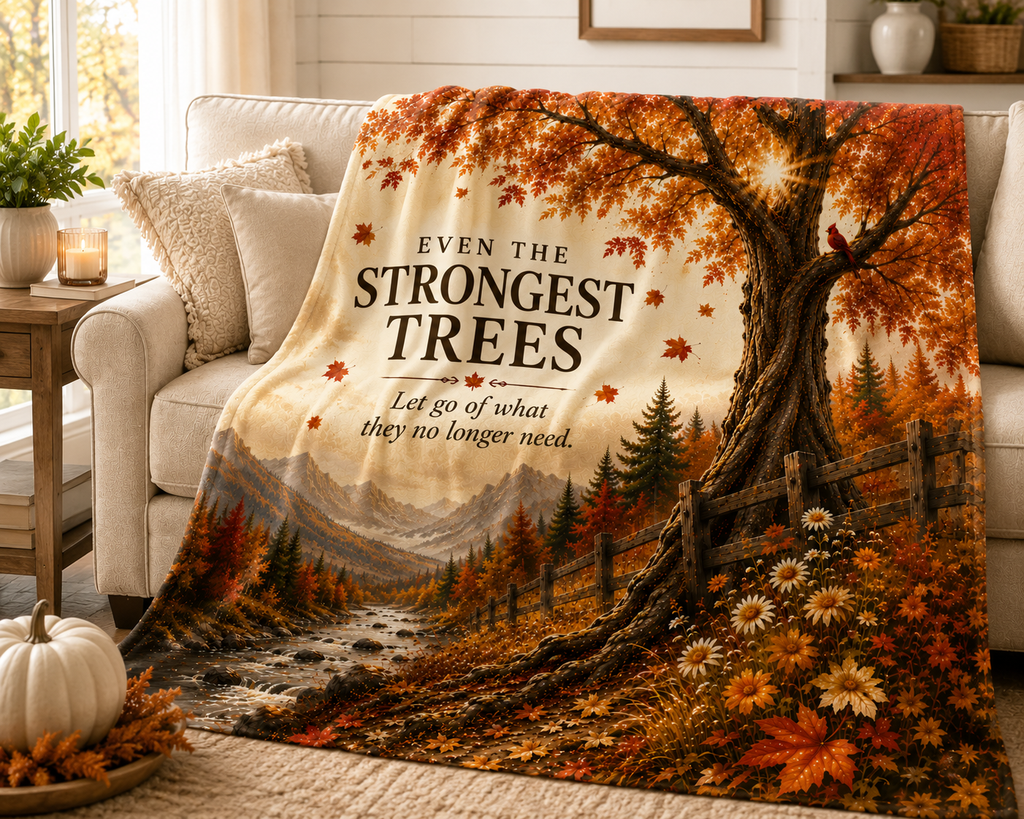 Autumn Woodland Fleece Blanket — “Even the Strongest Trees” Inspirational Fall Throw
