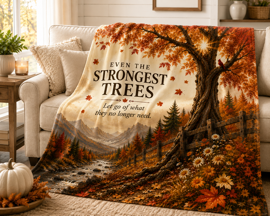 Autumn Woodland Fleece Blanket — “Even the Strongest Trees” Inspirational Fall Throw