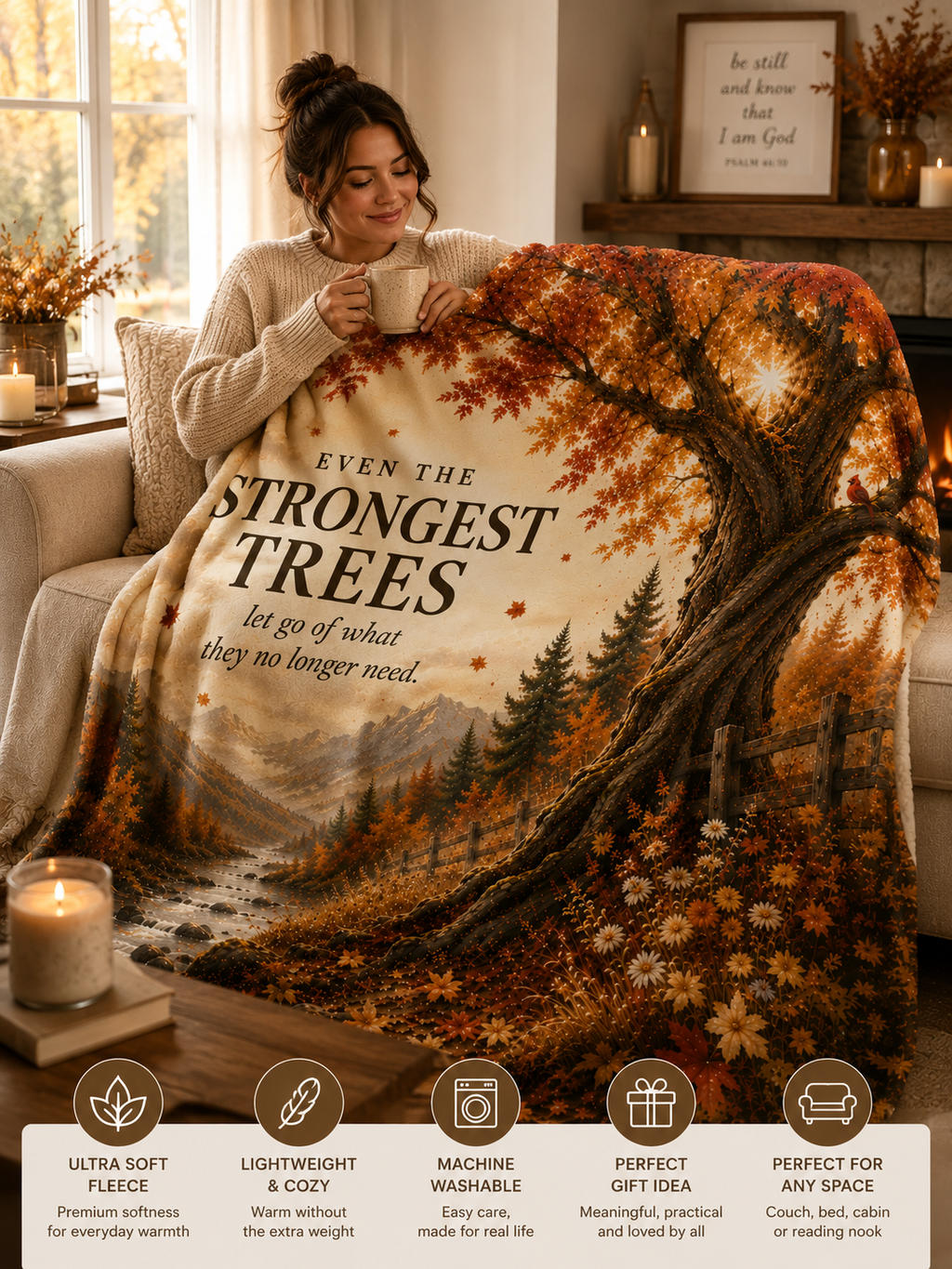 Autumn Woodland Fleece Blanket — “Even the Strongest Trees” Inspirational Fall Throw